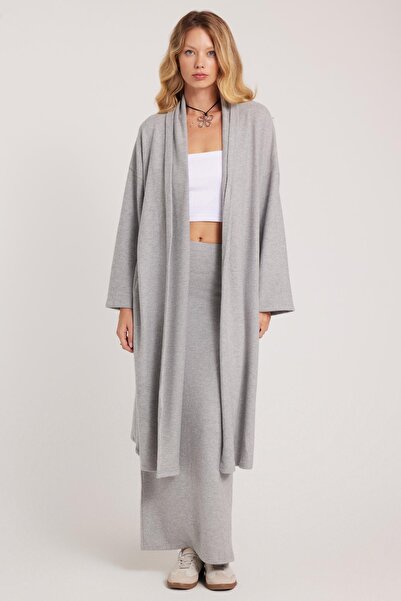 Tudors Kadın Relax Fit Rahat Kesim Uzun Triko Gri Hırka