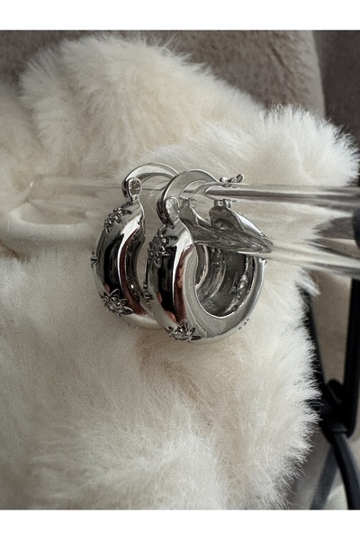 Rod Yıldız Taş Detay Çelik Halka Silver Küpe