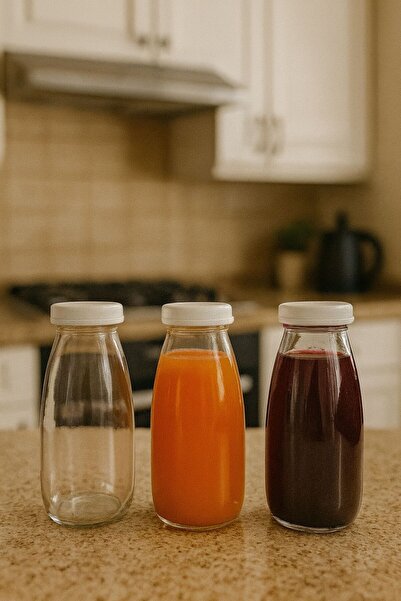 sara shoop 250 ml Şeffaf Süt, Ayran, Limonata, Meşrubat Cam ŞişesPlastik Kapaklı 6 Adet Boş Şişe