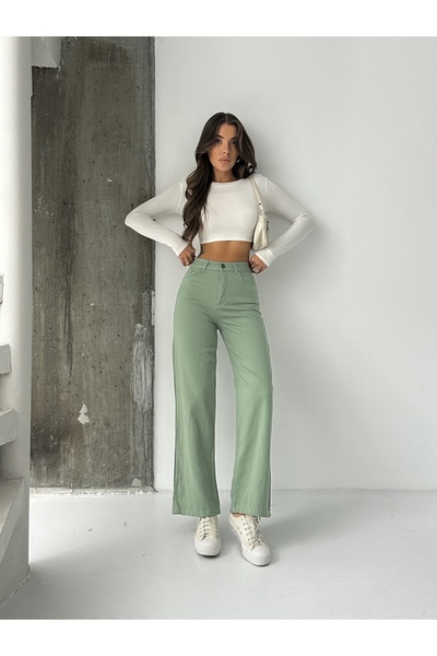 blue marlın Women's High Waist Green Linen Boyfriend Loose Fit Pants