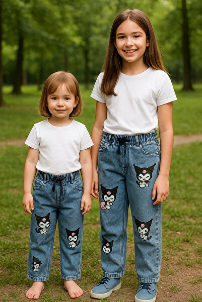 Renata's kız bebek çocuk Kuromi çizgi film karakter nakış işlemeli beli lastikli denim kot pantolon