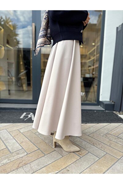 Babil Butik Scuba Women's Flared Skirt Stone Color