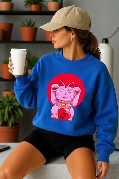 ArtYus Унисекс дълъг ръкав Япония котка трансфер печат велосипедна яка суитшърт