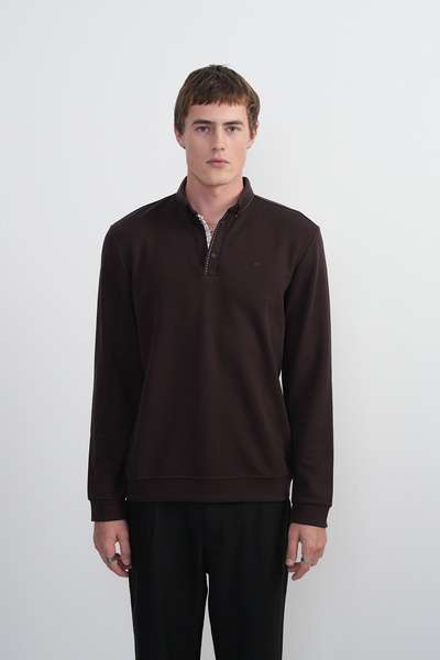 SILVANO Erkek Kahve Dikiş Detaylı Uzun Kollu Polo Yaka Günlük Tişört