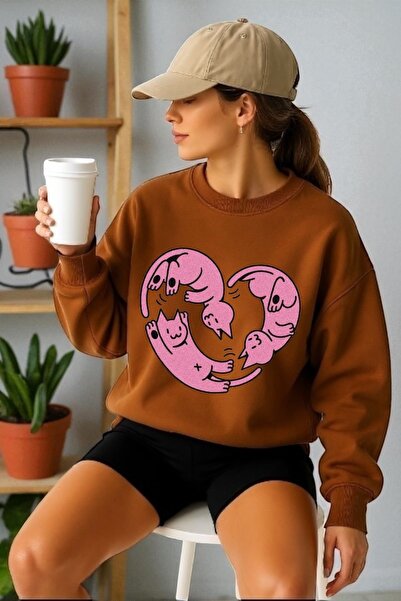 ArtYus Унисекс дълъг ръкав сърце котки трансфер печат велосипед врата суитшърт