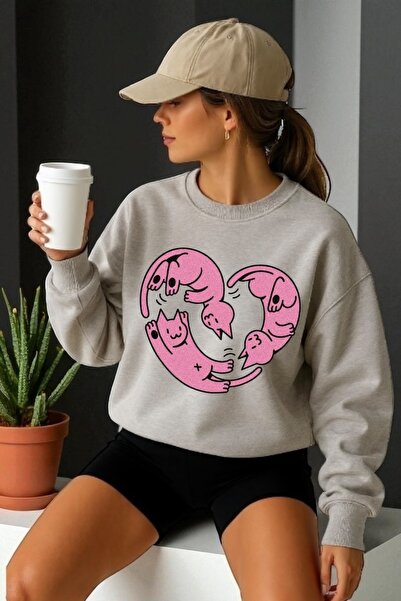 ArtYus Унисекс дълъг ръкав сърце котки трансфер печат велосипед врата суитшърт