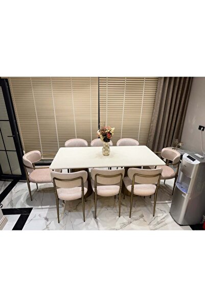 Meser Mobilya BEYAZ DİKDÖRTGEN MDF SABİT MUTFAK MASASI / GOLD ESKİTME PİRİNÇ METAL MUTFAK SANDALYESİ 90X175