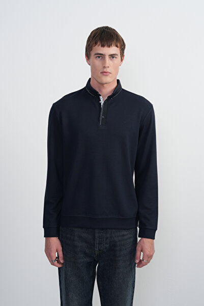 SILVANO Erkek Lacivert -Dikiş Detaylı Uzun Kol Salaş Polo Yaka Tişört