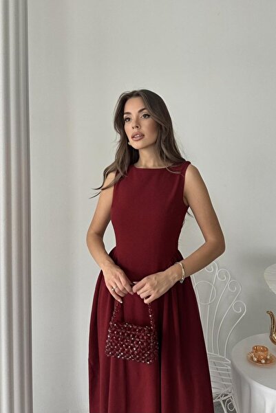 Genel Markalar Hediyeniz Sare`den Bordo Yanları Büzgülü Midi Boy Keten Elbise