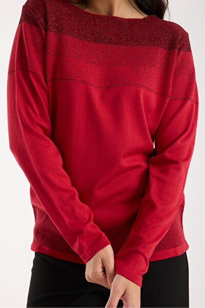 Moda Days Women's Red Viscose Fabric Boat Neck Glittery Knit Blouse