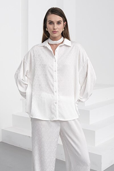 VAGGON Women's White Jacquard Pattern Satin Shirt and Pants Set Vs01231