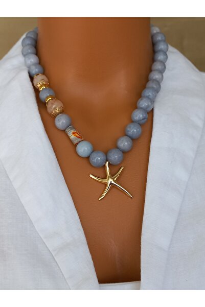 LemaStone قلادة نجم البحر من الحجر الطبيعي؛ مصممة من العقيق وحجر الشمس وأحجار...