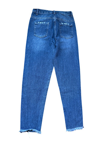 Blotch Girl's Pants Dark Blue Denim Jeans with Tassel Detail on the Leg and Ripped Detail
