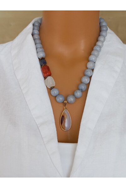 LemaStone قلادة من الحجر الطبيعي؛ تم تصميمها من حجر المركانتاشي والكوارتز الش...