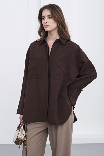 VAGGON Women's Brown Double Pocket Oversize Basic Shirt Vs01235