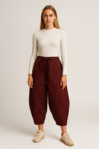 Atölye Güven Women's Burgundy 100% Cotton Elastic Pocket Balloon Pants