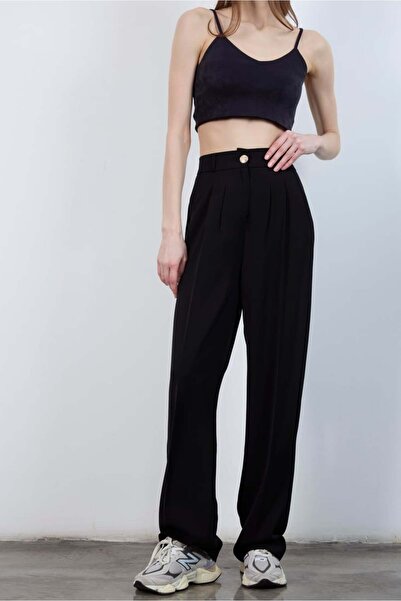 NANTİREA Black Pleated Palazzo Fabric Trousers