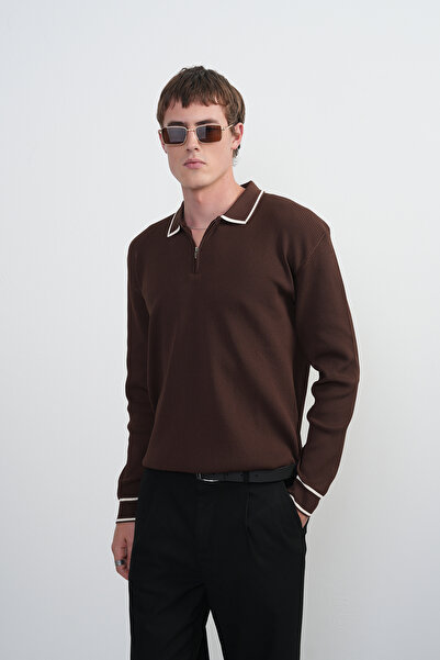 SILVANO Erkek Kahve Rahat Kesim Uzun Kollu Polo Yaka Çizgili Tişört