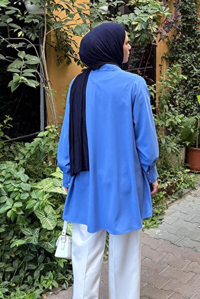 lamelif Hidden Button Detailed Hijab Tunic Indigo