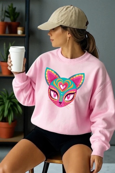 ArtYus Tricou unisex cu mânecă lungă Alien pisică Transfer cu imprimeu guler ...