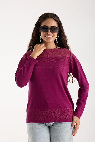 Clothes Fast Women's Plum Viscose Fabric Boat Neck Glitter Knit Blouse