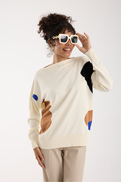 Moda Days Women's Ecru Viscose Fabric Color Block Boat Neck Knitwear Blouse