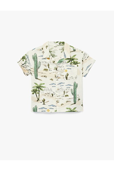 Koton Printed Linen and Viscose Blend Short Sleeve Shirt with Pocket Detail