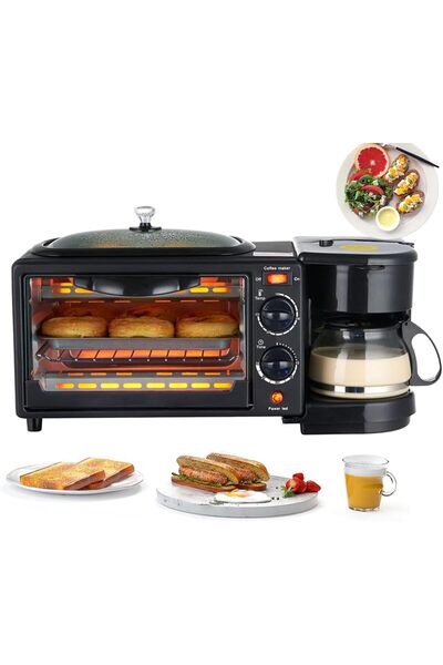 Generic محطة صنع الإفطار 3 في 1، فرن محمول لصنع الإفطار مع ماكينة صنع القهوة، مقلاة غير لاصقة، نباتي
