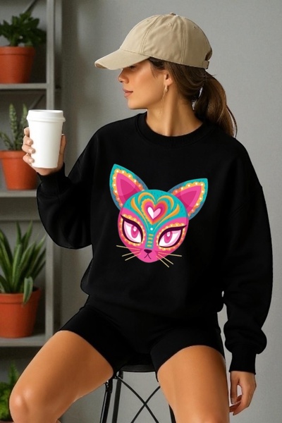 ArtYus Tricou unisex cu mânecă lungă Alien pisică Transfer cu imprimeu guler ...