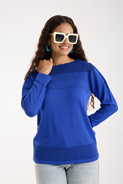 Clothes Fast Women's Saks Blue Viscose Fabric Boat Neck Glittery Knitwear Blouse