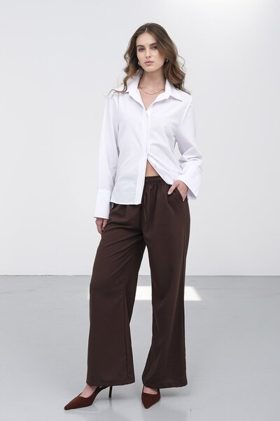 VAGGON Women's Brown Elastic Waist Double Pocket Wide Leg Trousers Vs01234