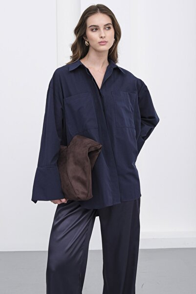 VAGGON Women's Navy Blue Double Pocket Oversize Basic Shirt Vs01235