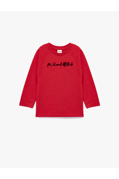 Koton Long Sleeve Crew Neck Ataturk Themed Print Detailed Cotton T-Shirt