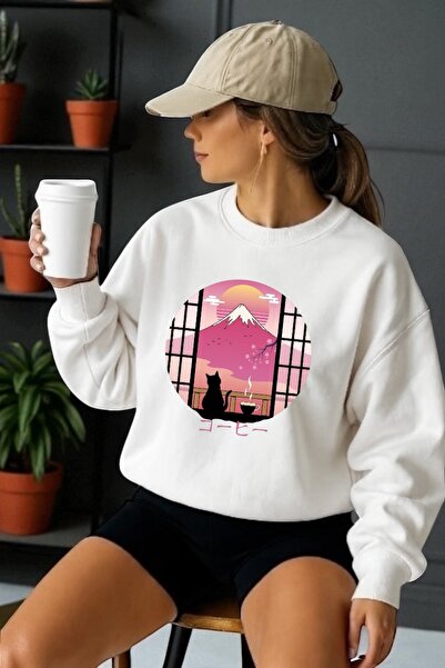 ArtYus سويت شيرت للجنسين بأكمام طويلة وطباعة منظر طبيعي على شكل قطة وياقة دائرية