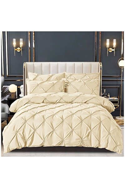 Lenjeria Pufoasa Bed Linen, 2 Persons, Plain with Pleats, 6 Pieces, Finet, Cream, 230 x 250cm