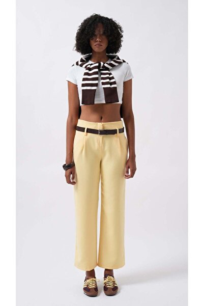 Maxi modena Belt Detail High Waist Yellow Trousers - 36