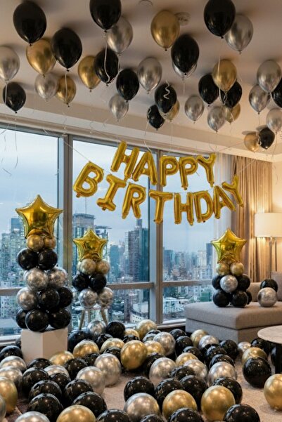 Baloncu Nene مجموعة بالونات عيد ميلاد سعيد ذهبية اللون، بالونات ذهبية وسوداء ...