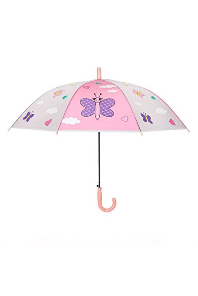 OEM Automatic Pink Butterfly Hearts Rain Umbrella for Children 65cm Curved Handle