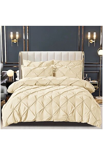 Lenjeria Pufoasa Bed Linen, 2 Persons, Plain with Pleats, 6 Pieces, Finet, Cream, 230 x 250cm