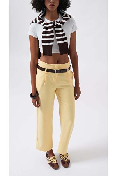 Maxi modena Belt Detail High Waist Yellow Trousers - 36