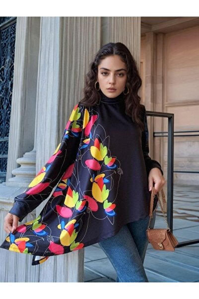 Adora Moda Bluză de damă cu mânecă lungă, cu gât țesut, cu croială asimetrică, din țesătură submersibilă