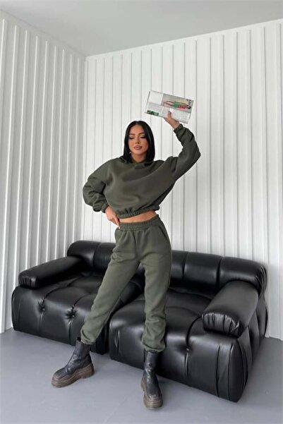 Dipmoda Women's Hooded Sweatshirt Tracksuit Set Dpgts020 - Khaki