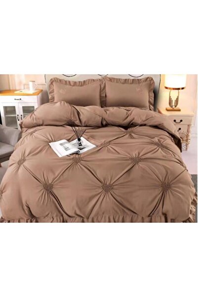 PRO JAAD BUSINESS CONCEPT Double Bedding with Embroidered Hearts, Finet, 4 Pieces, Brown, 220 x 240 cm