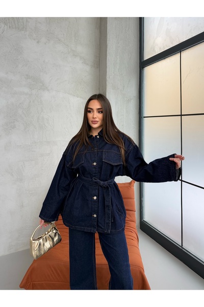 Genel Markalar Cep Detaylı Kuşaklı Lacivert Denim Premium Ceket Pantolon Kot ...