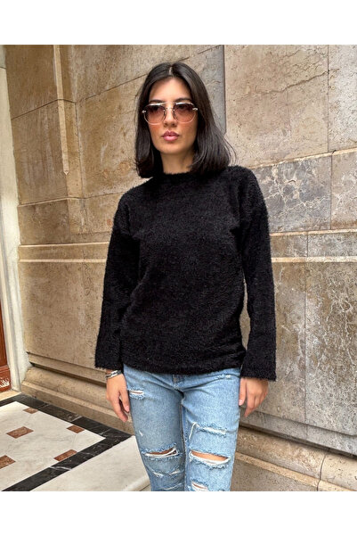 deqfashion سترة نسائية سوداء برقبة دائرية وشعرية من التريكو الناعم