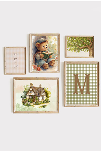 Kids Kitap ve Doğa Temeli Vintage temalı Çerçeveli 5li Poster set