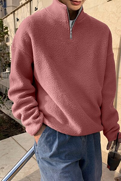 GHASSY CO. Men's Ultra Heat Plush Sherpa Oversize Half Metal Zipper Elastic Adjustable Fleece Sweatshirt