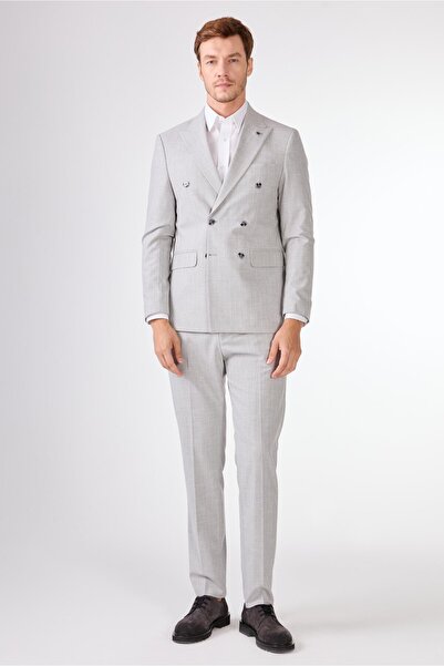 Dufy Açık Gri Çizgili Kruvaze Slim Fit Takım Elbise