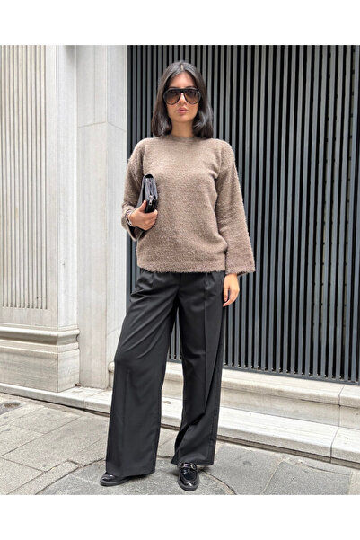 deqfashion Women's Mink Crew Neck Bearded Soft Knitwear Sweater