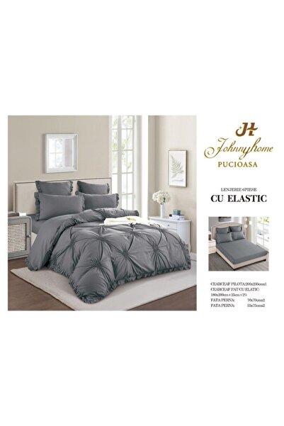 OEM Double Bed Linen, Uni, Embroidered Hearts Pattern, 6 Pieces, Fine Cotton, 180x200cm, Dark Grey